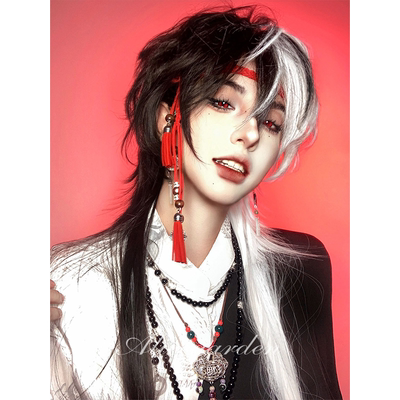 AG假发女长发网红lolita『黑耀白星』新中式拼色基佬毛jk全头套