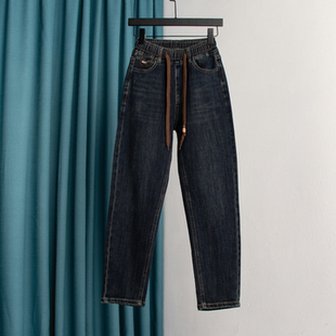 宽松萝卜裤 女哈伦裤 秋 胖MM高腰显瘦哈伦牛仔老爹裤 加绒松紧腰大码