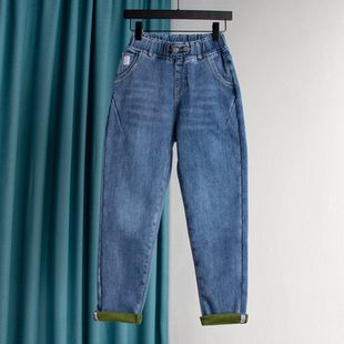 松紧腰萝卜老爹裤 加绒深蓝哈伦牛仔裤 大码 胖MM秋2025新款 女大码