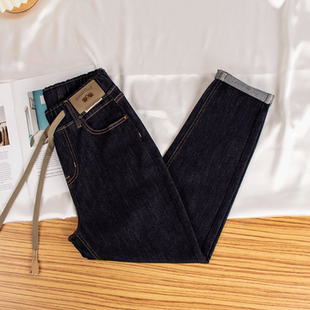 女大码 松紧腰萝卜老爹裤 胖MM秋季 大码 新款 不掉色丹宁蓝哈伦牛仔裤