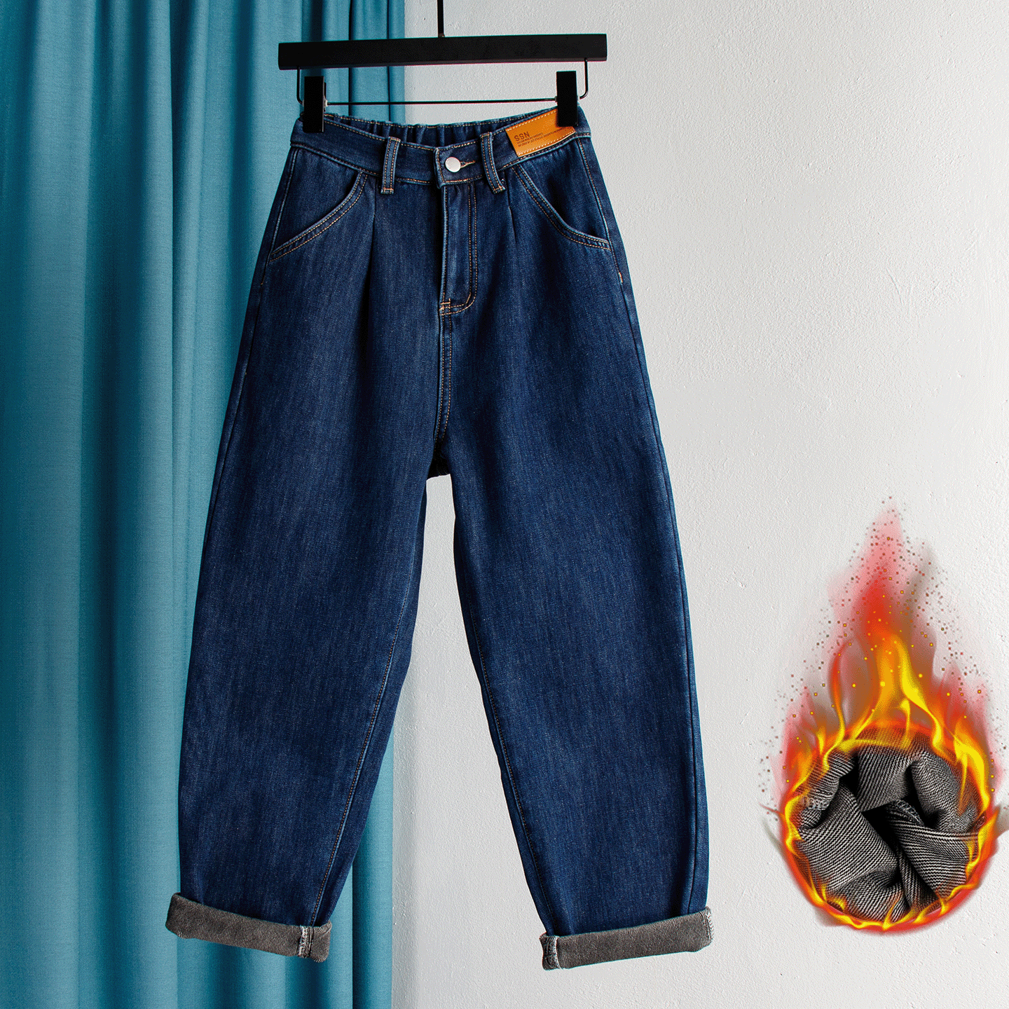 薄绒加绒哈伦牛仔裤女宽松松紧腰秋冬季新款高腰薄绒显瘦老爹裤子