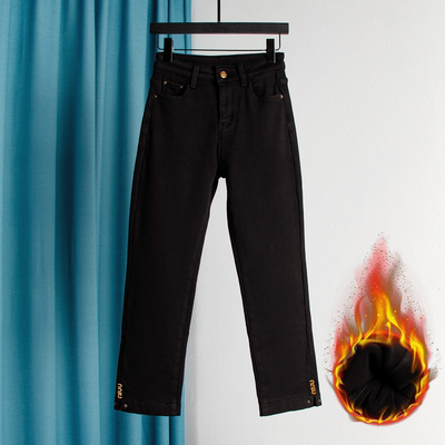 八分烟管裤女秋冬新款高腰显瘦加厚法棍加绒直筒牛仔裤子99326