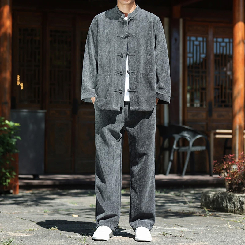 中国风唐装雪尼尔套装男盘扣外套