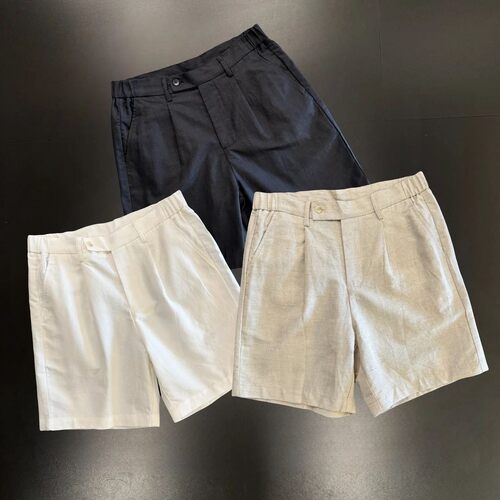 日系复古半松紧腰棉麻短裤男夏季