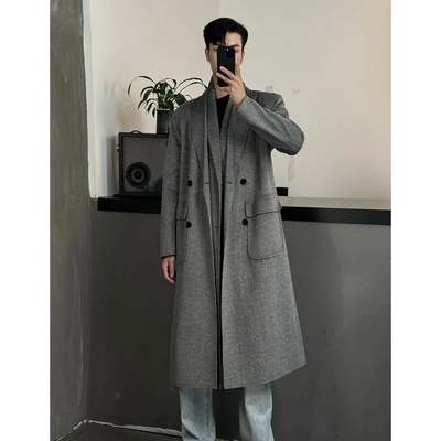 假两件叠穿双领中长款大衣男外套