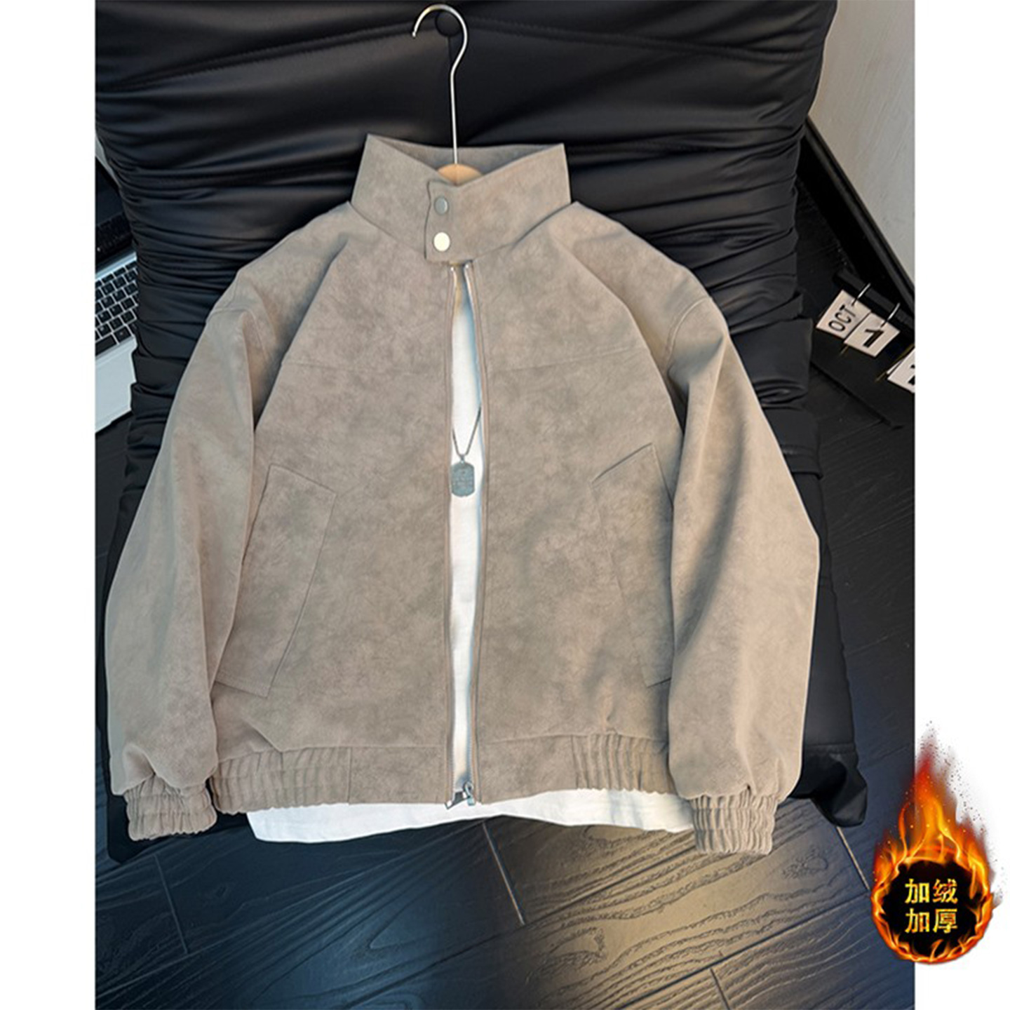 美拉德水洗扎染PU皮夹克棉服男