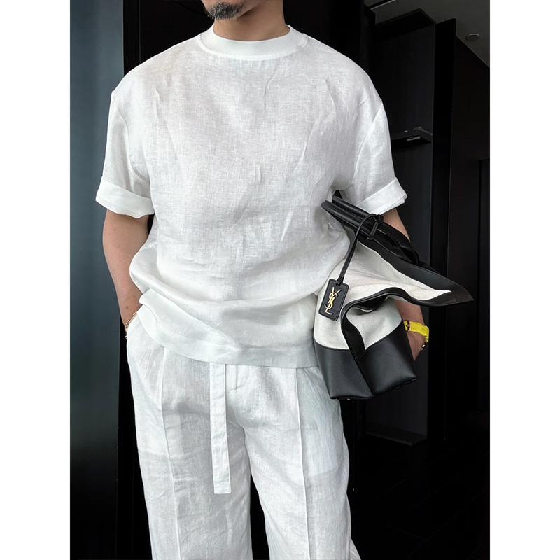老钱风亚麻休闲套装男短袖长裤