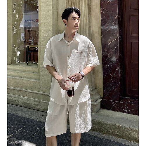 老钱风莱赛尔亚麻短袖衬衫套装男