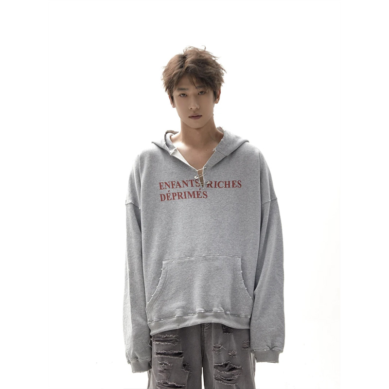 高级感别针做旧磨破高街卫衣男潮牌印花短款套头帽衫秋季休闲外套