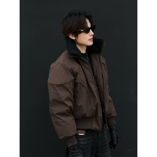 美拉德咖色三防羽绒棉服男设计感可脱卸毛领短款棉衣冬季加厚外套