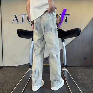休闲长裤 轻奢痞帅慵懒风牛仔裤 夏季 男美式 高街水洗做旧直筒阔腿裤