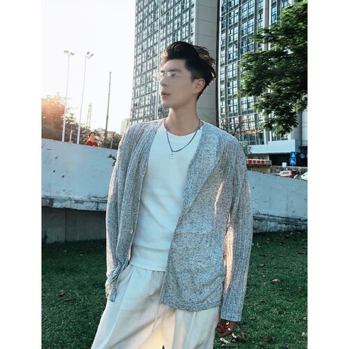 老钱风肌理感针织防晒长袖衬衣男