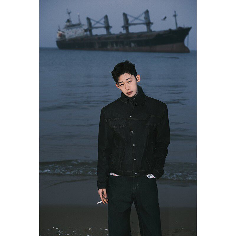 美式经典剪裁牛仔夹克男cleanfit短款工装外套春季翻领硬挺褂子潮