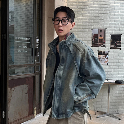 美式高街黄泥染水洗做旧牛仔外套