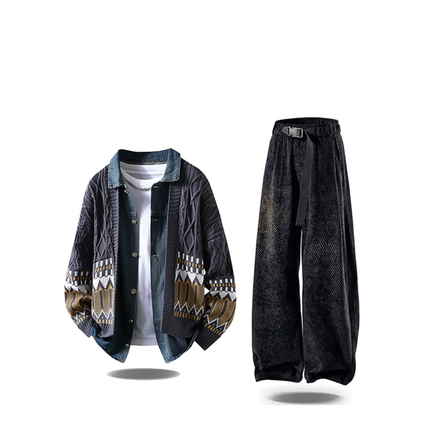 高级感牛仔拼接假两件针织毛衣男