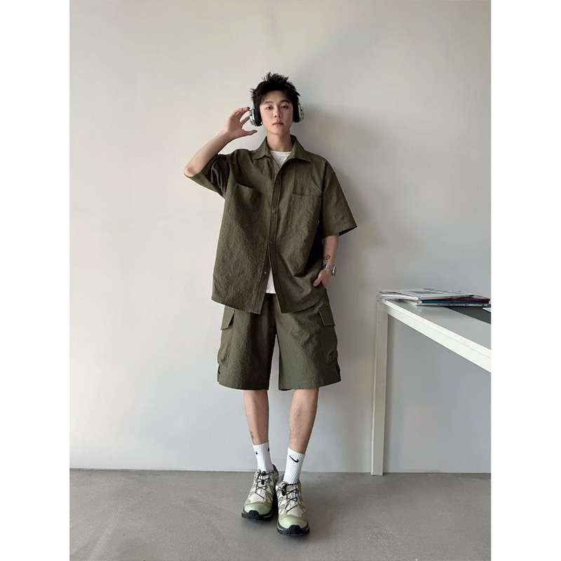 美式短袖衬衫套装男夏季工装短裤