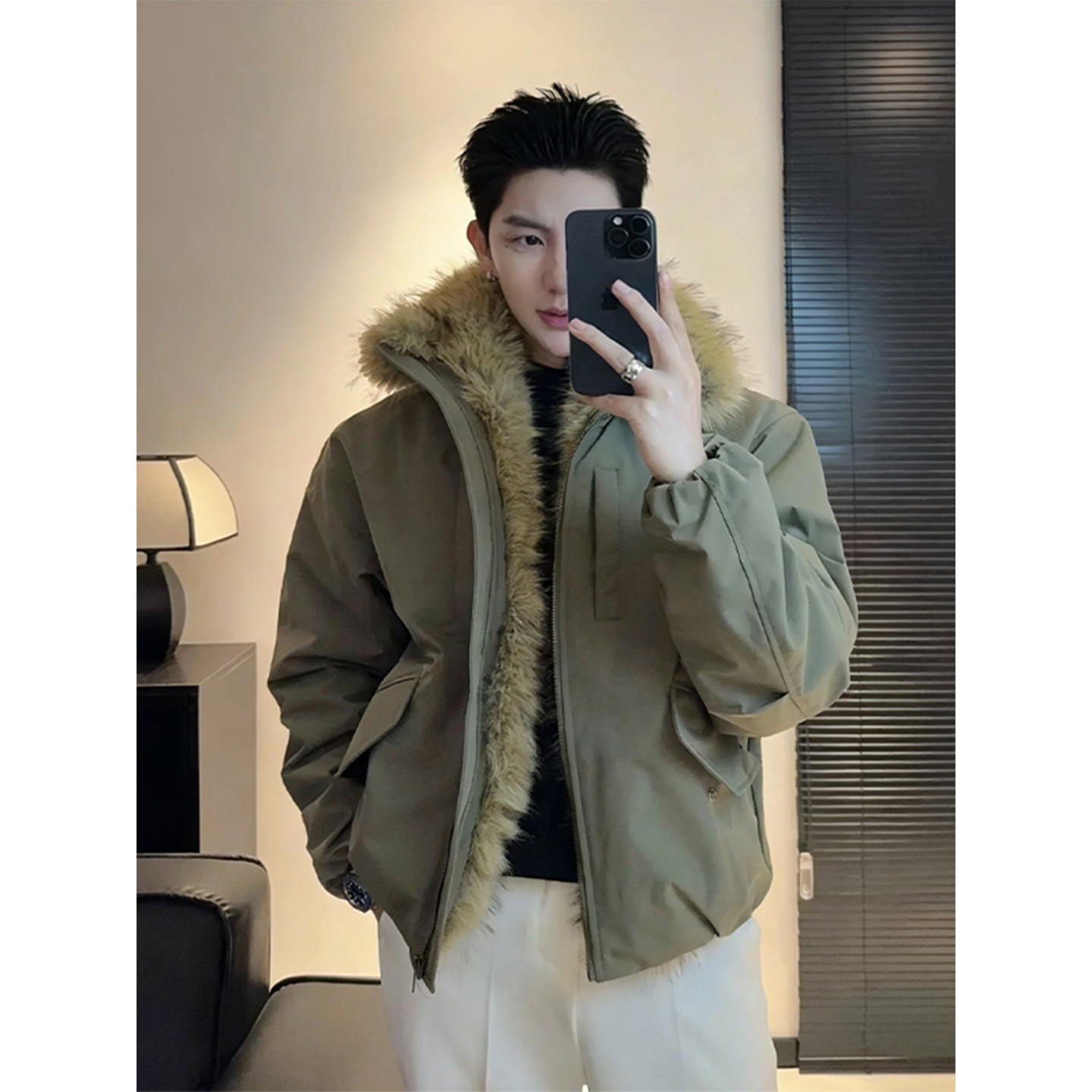 军绿色毛领座山雕棉服男冬季外套