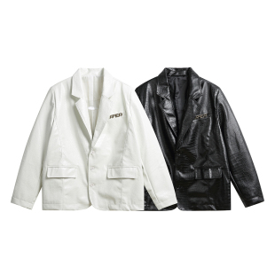 美式 领垫肩夹克高端气质外套 高街鳄鱼纹皮衣男潮牌高级感春秋西装