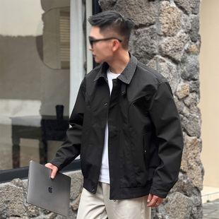 格纹拼接翻领假两件密歇根夹克男cleanfit短款春季时尚休闲外套潮