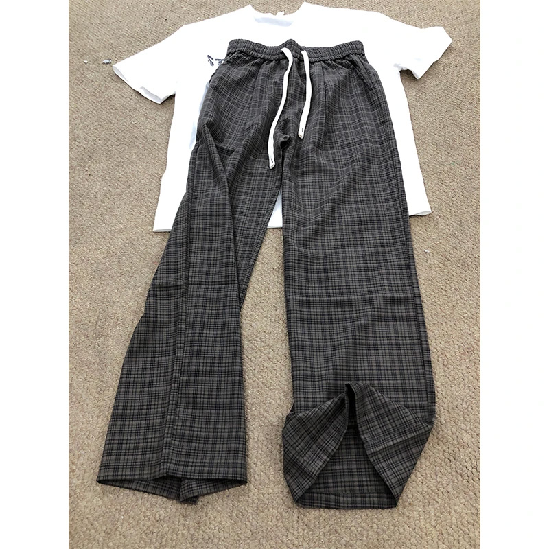 棕咖色复古格子阔腿裤男夏季薄款