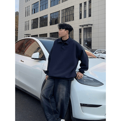 藏青色衬衫领加绒卫衣男POLO衫