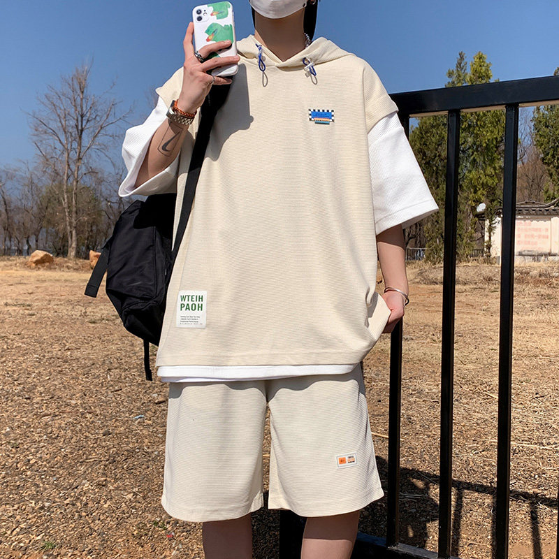 夏季运动套装男潮牌高级感七分袖连帽卫衣休闲短裤搭配男装两件套