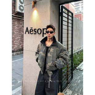 迷彩双面穿飞行夹克棉服男秋冬美式bomber短款加厚立领棉衣外套潮