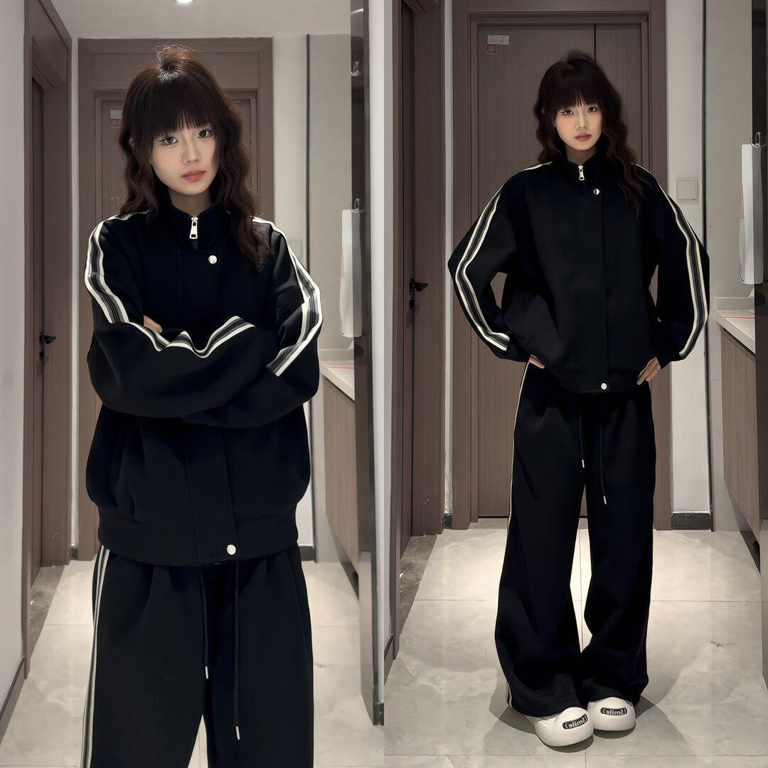 美式织带条纹卫衣套装男宽松直筒运动卫裤春秋情侣百搭休闲两件套