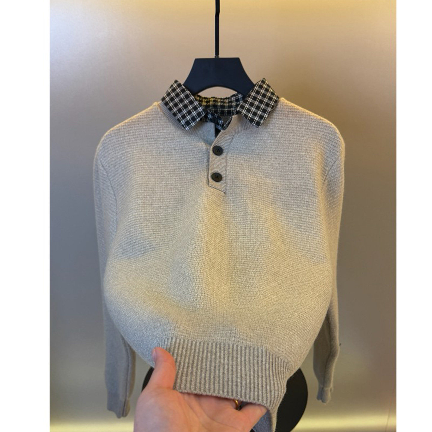 高级感格纹拼接衬衫领假两件毛衣男士秋冬内搭针织衫时尚休闲线衣,男装,针织衫/毛衣,淘宝优惠券,粉丝福利购,淘宝优惠卷