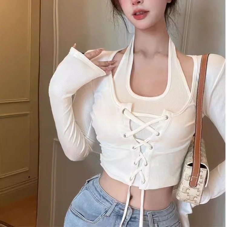 秋冬爵士舞上衣女束腰绑带假两件长袖短款T恤ins甜辣jazz衣服装女
