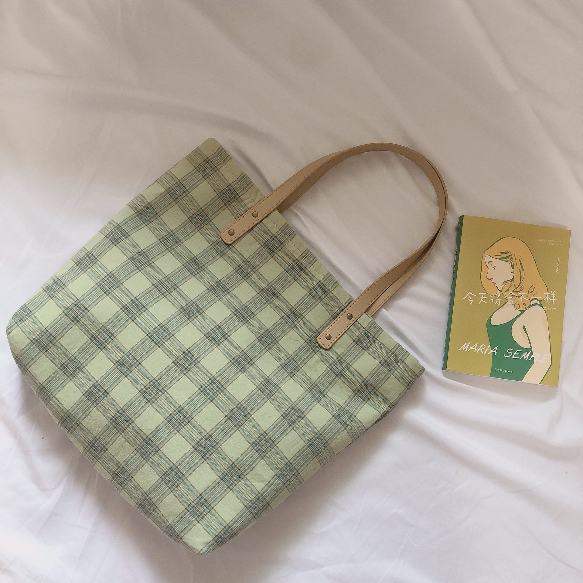 【yuu布包】绿色格子包女单肩文艺清新 棉布大包 托特包 休闲