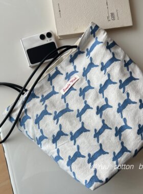 【素希布包】中号奔跑小兔三色刺绣单肩棉布包黑细皮带文艺质感