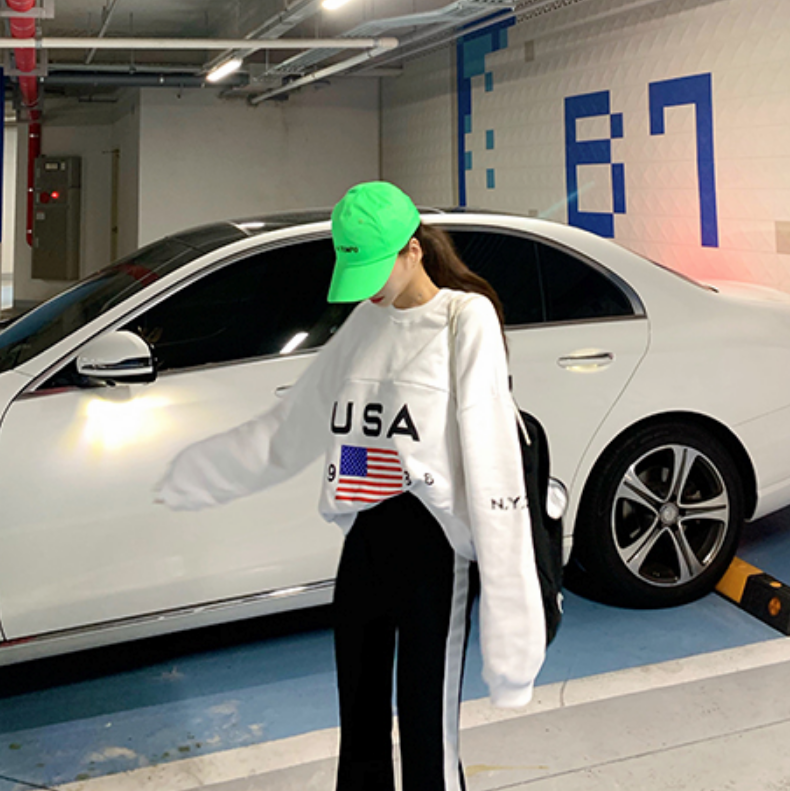 2019女装新款早秋百搭USA字母数字国旗印花宽松卫衣韩国ins上衣潮