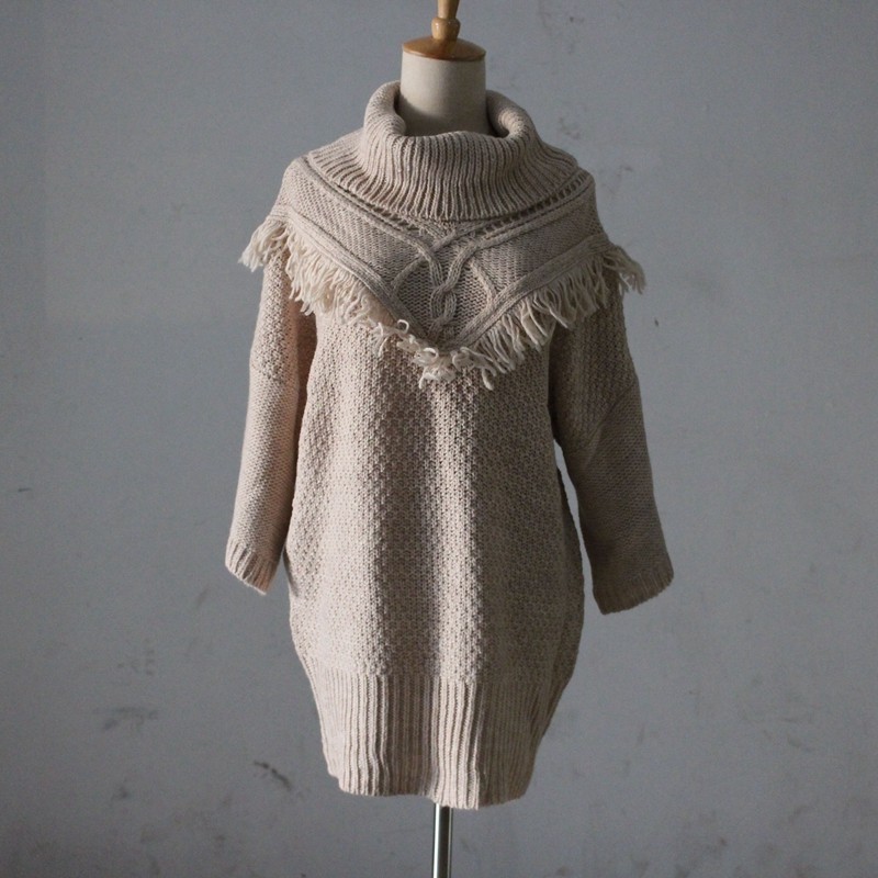 欧单流苏高领毛衣女套衫