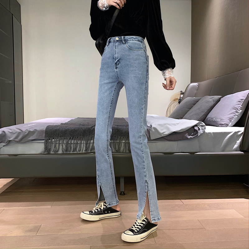 Real shooting and real price split pants children's high waist and thin versatile age reducing retro micro trumpet jeans