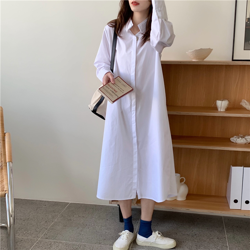 Real shooting and real price spring dress new style temperament commuting Lapel long sleeve casual solid color medium length lining dress