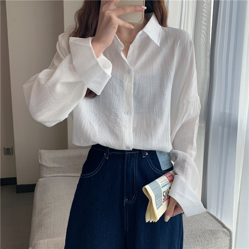 Real shot real price spring Korean loose shoulder sleeve shirt simple basic pleated shirt cardigan