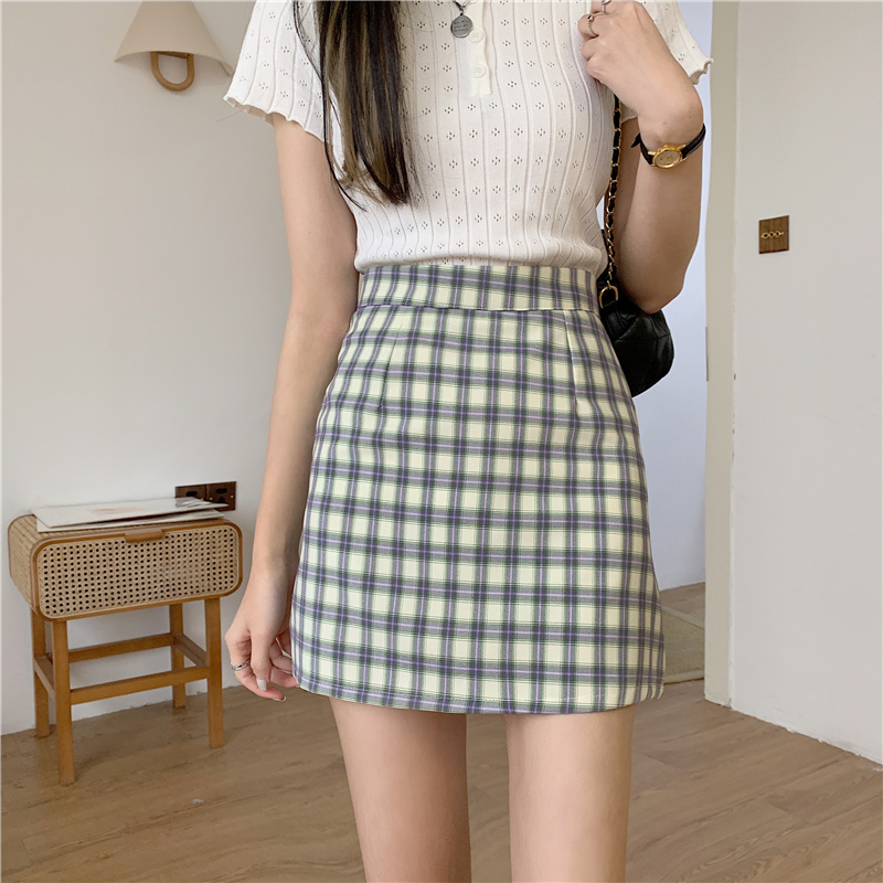 Real price new hip skirt slim high waist Plaid versatile skirt skirt