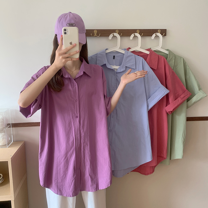 Korean chic casual Quarter Sleeve women's quality Lapel solid color loose shirt