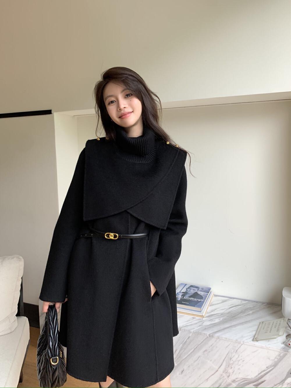 大牌斗篷大衣双面呢羊毛外套女两件套针织拼接气质毛呢外套高级感