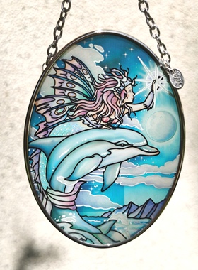 清仓！美人鱼海豚梦幻彩色玻璃挂牌AMIA立线彩绘复古ventage送礼