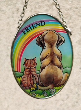 清仓！彩虹猫狗椭圆形AMIA彩绘玻璃挂牌壁饰家居摆件艺术收藏礼物