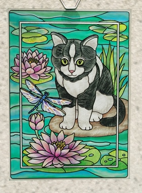 清仓！猫咪荷花AMIA彩绘玻璃挂牌壁饰家居摆件艺术收藏生日礼物