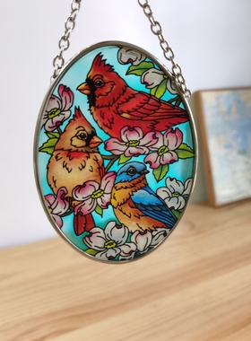 孤品 特价小鸟栖枝头美国amia彩绘玻璃挂牌桌面摆件 氛围感家居