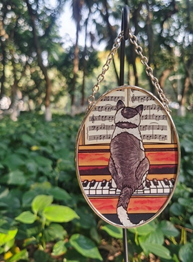 深海吧钢琴上的猫复古美国amia立体彩绘玻璃挂件书房摆件创意礼物