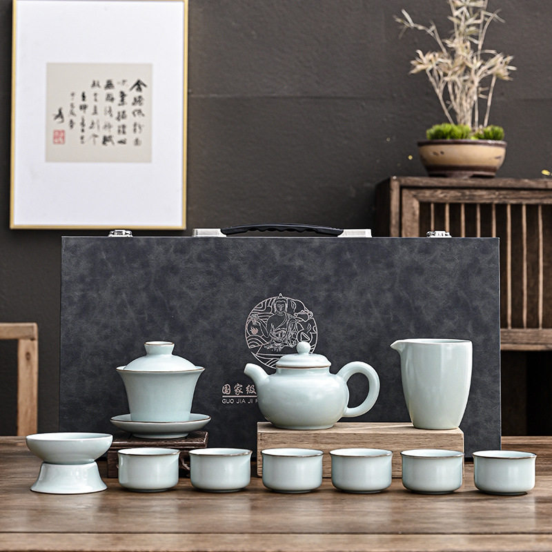 汝窑功夫茶具套装陶瓷茶壶盖碗茶杯轻奢高档家用喝茶中式商务礼