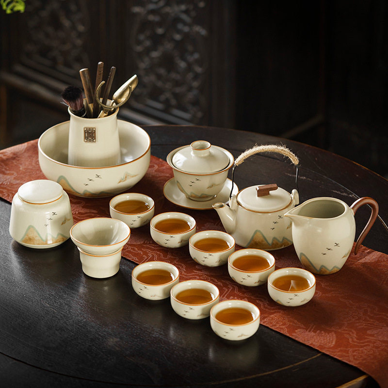 米黄汝窑功夫茶具套装陶瓷茶杯汝瓷可养开片办公整套礼盒装