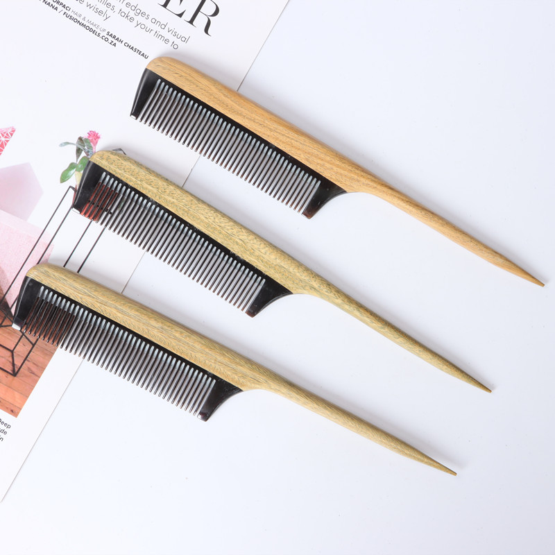 绿檀木拼实木梳子顺发梳包包分干梳牛角尖尾梳黑牛角木拼梳