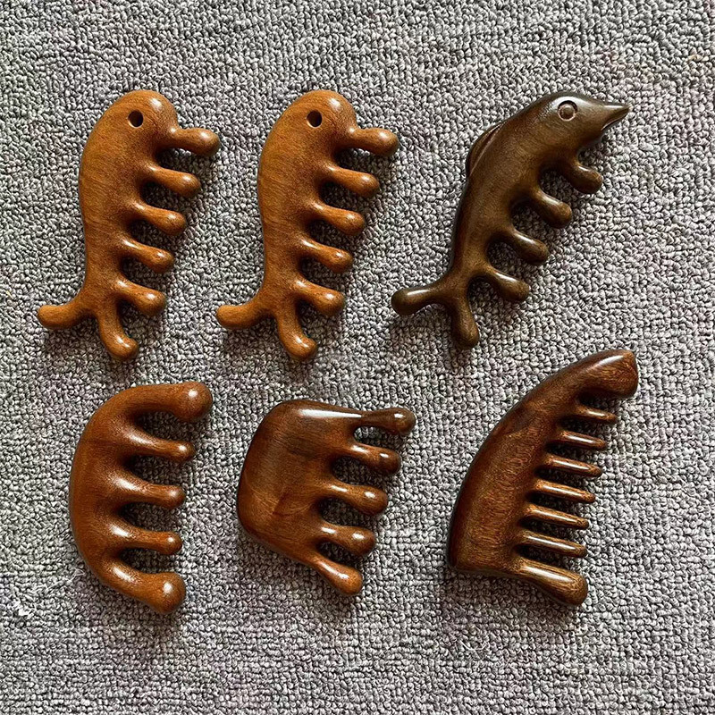 金丝木木梳子按梳子头部经络梳原木天然整块五指梳按檀木大齿