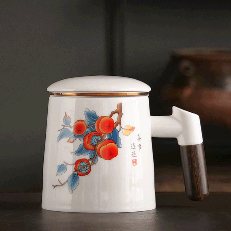 茶水分离杯茶杯陶瓷杯子高颜值泡茶杯办公杯带盖节庆礼品